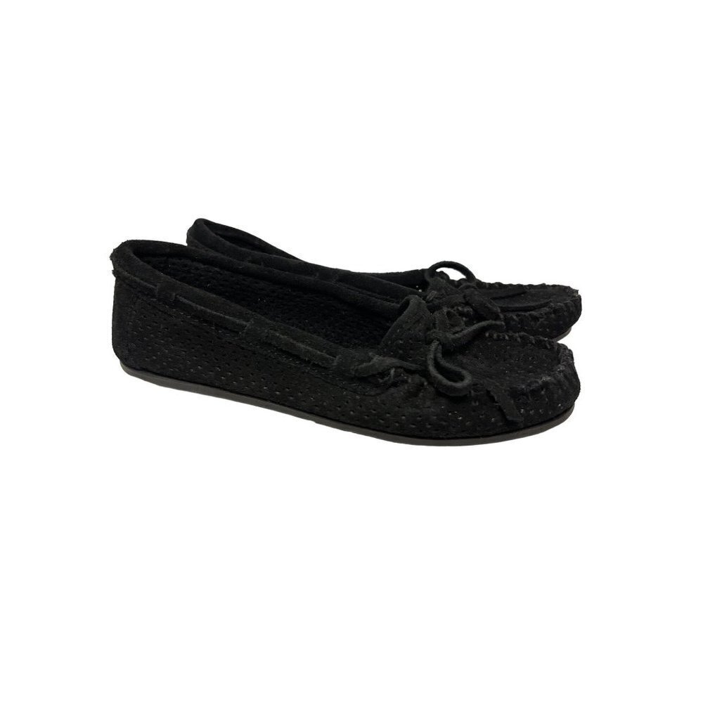 Minnetonka Black Leather Tie Slip On Mocassins Slippers Women's 5